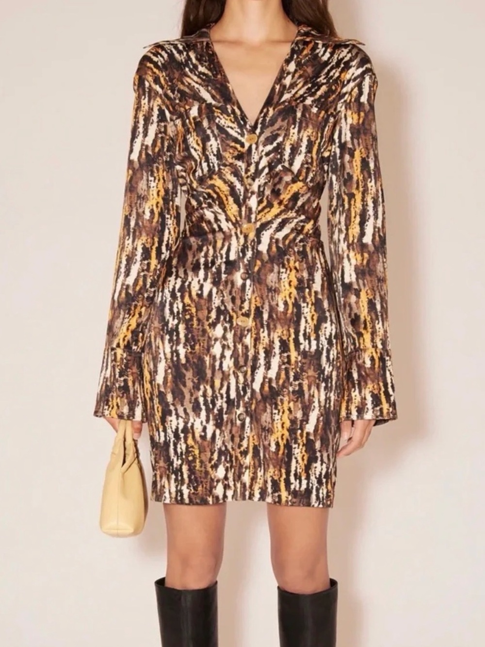Nanushka NWT XS Brown, Gold & Cream Abstract-Print Long-Sleeve Mini Dress